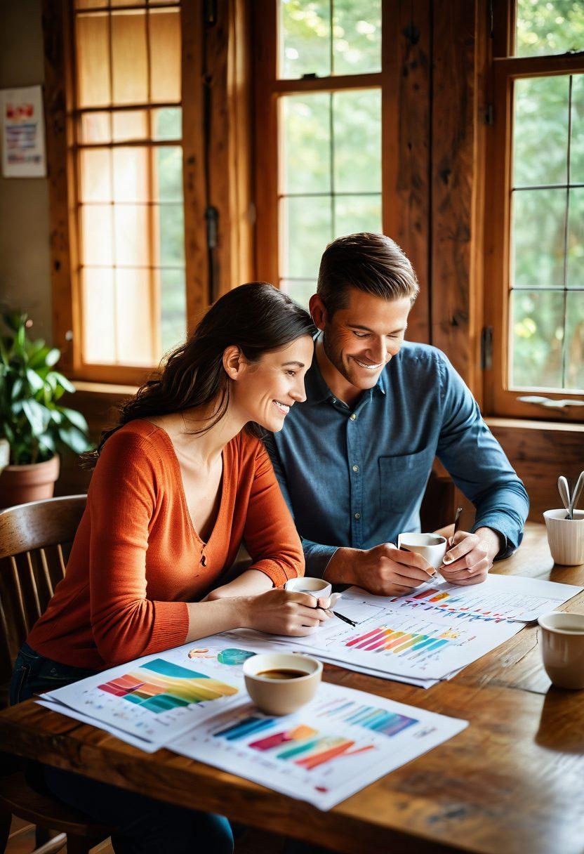 A warm and inviting scene depicting a loving couple sitting at a wooden table, surrounded by colorful charts and financial documents, symbolizing teamwork in financial planning. Soft sunlight streams in through a nearby window, casting a glow on their smiles and the coffee cups in front of them. Heart-shaped icons are subtly integrated into the charts, representing love and prosperity intertwining. Romantic plants in the background add to the nurturing atmosphere. super-realistic. warm tones. vibrant colors.