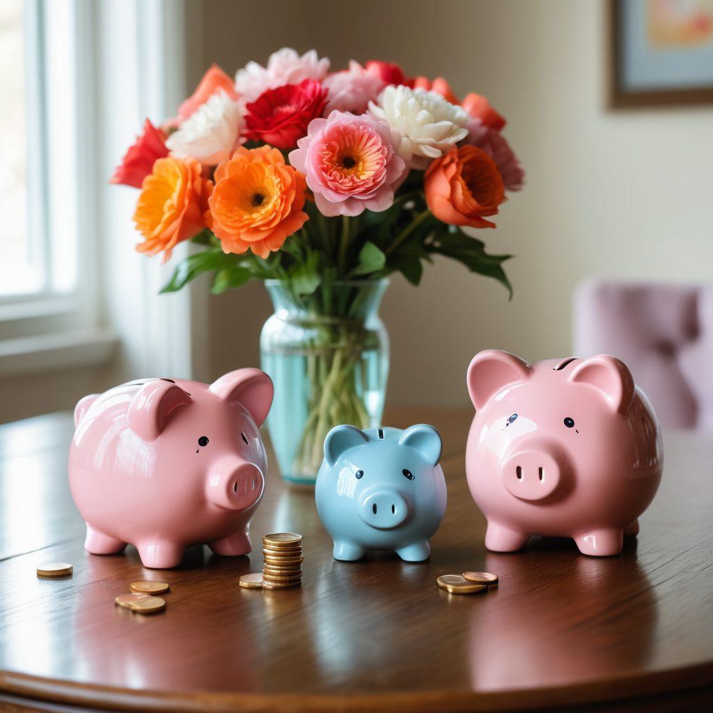 A harmonious couple sitting at a beautifully designed table, balancing stacks of coins on one side and hearts on the other, symbolizing love and money. Surround them with elements like a piggy bank and a heart-shaped vase, representing wealth and affection. The scene should radiate warmth and positivity, capturing the essence of a passionate relationship that thrives on financial wisdom. soft colors. intimate setting. painted style.