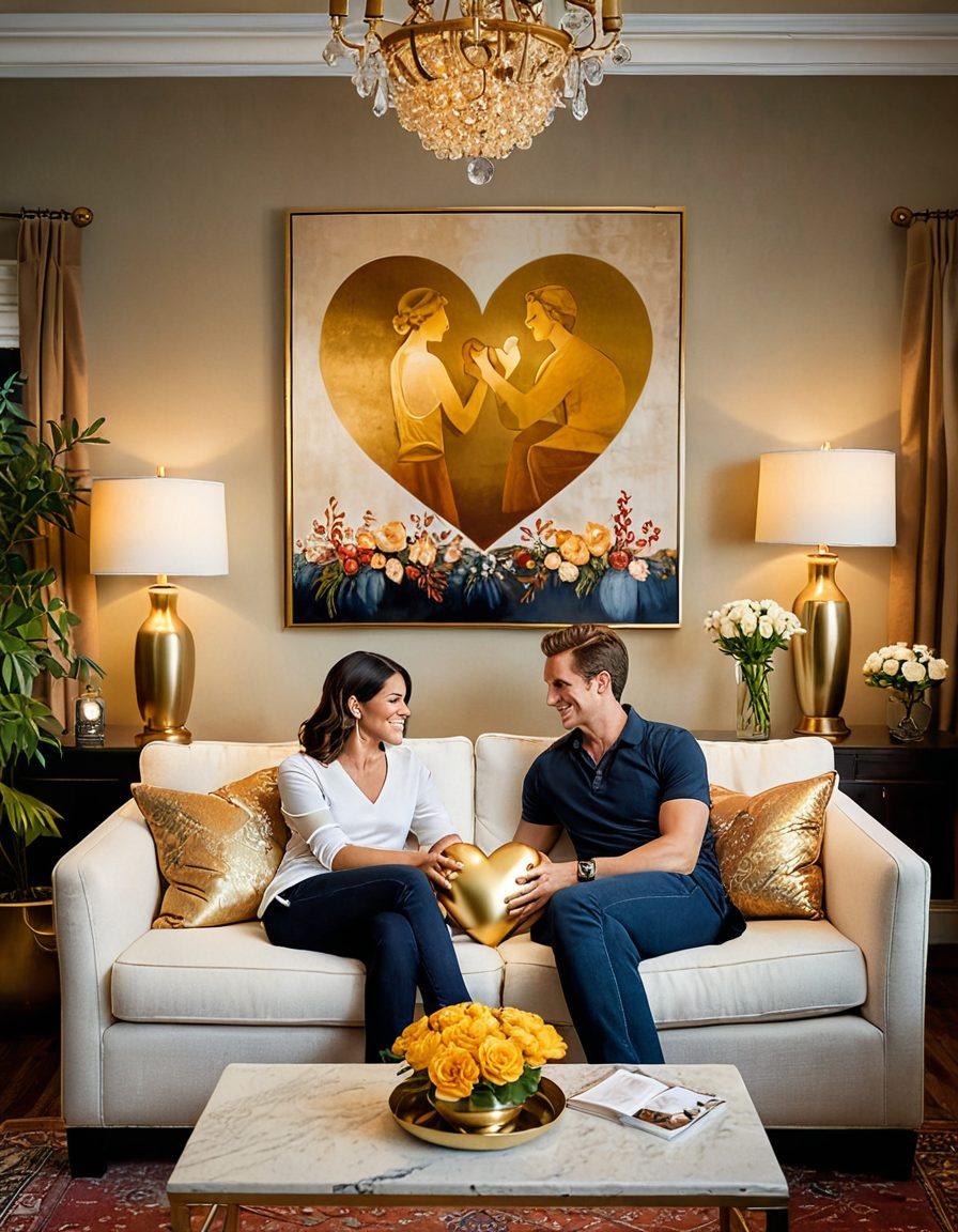 An intimate scene of two people sharing a heartfelt conversation in a cozy, warmly lit living room. Surround them with symbols of wealth, like a shining gold heart and blooming flowers, representing love and devotion. Incorporate soft lighting effects to evoke warm emotions, emphasizing the connection between the couple. The background should include subtle hints of a thriving relationship environment like a family photo wall. super-realistic. warm tones. inviting atmosphere.